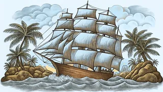 A sailing ship heaves through blue-green waves near palm-fringed tropical islands.