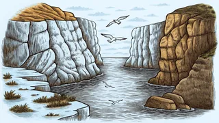 Dramatic rocky cliffs tower above a sparkling bay where seabirds wheel overhead.