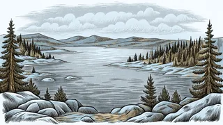 A serene lake enclosed by evergreen forests and peaks.
