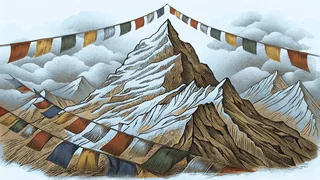Mount Everest's icy summit rises through swirling mists above mountain valleys.