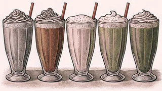 An assortment of drinks in glasses ranging from coffee to juice to smoothies.