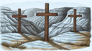 Ancient wooden crosses standing in a sun-baked desert canyon.