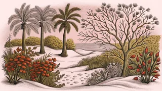 All four seasons depicted together with spring blossoms, summer sun, fall leaves, and winter snow.