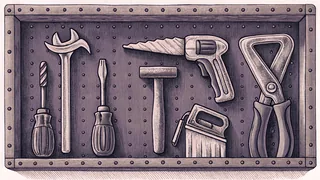 Workshop tools laid out on a bench including hammers, wrenches, screwdrivers, and saws.
