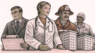 Various professionals at work including doctors, firefighters, teachers, and construction workers.