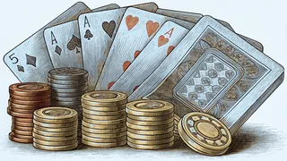 Casino chips and playing cards gleaming under Vegas neon signs.