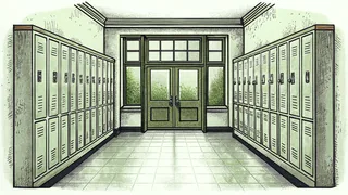 Hallway scene featuring empty lockers, farewell notes, a ringing bell, and summer outside.
