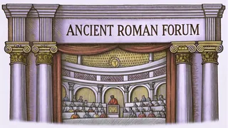 An ancient Roman temple with Latin inscriptions carved into columns.