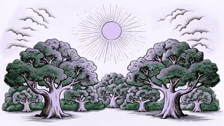 Celestial bodies illuminate an ancient forest where pagan traditions endure.