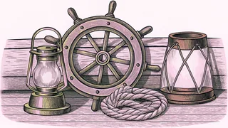 A ship's brass helm stands beside a lit lantern and a coiled rope on a weathered deck.