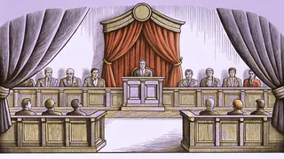 Courtroom scene with judge, lawyers presenting evidence, and seated jury.