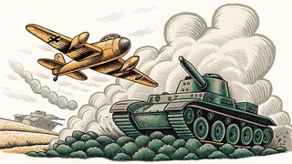 A Spitfire fighter swoops over a Tiger tank charging across battle-torn terrain.
