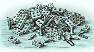Interlocking plastic bricks scattered across a pale wooden surface with loose axles and pegs.