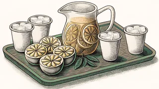 A pitcher of lemonade with fresh lemons and iced cups awaits thirsty customers.