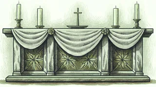 Purple cloth, unlit candles, and an empty plate symbolize Lenten sacrifice.