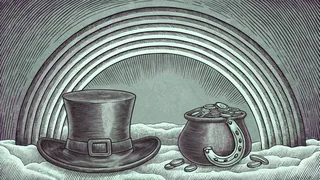 A buckled hat, clay pipe and pot of gold coins under a rainbow arch.