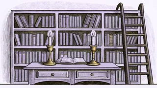 A candlelit desk with a brass lamp stands beside a wooden ladder leaning on tall shelves.