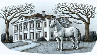 A thoroughbred horse grazes in lush bluegrass with a historic mansion in the background