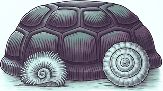 A turtle shell rests beside a spiral snail shell and a tuft of soft animal fur.