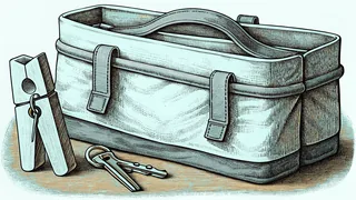 A wooden laundry peg, a house key and an upright canvas tote bag.