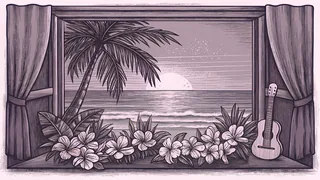 Tropical flowers and a ukulele rest on a sill with palm trees and ocean beyond.