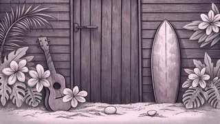 A ukulele and surfboard lean against a beach hut beside tropical flowers and sand dollars scattered on weathered wood.