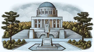 An Abraham Lincoln monument overlooks a sunken garden with creek water.