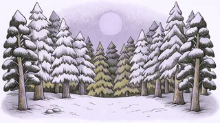 A snow-covered pine forest glows under a pale winter moon.