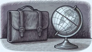 A globe mounted on a brass stand, beside a worn leather satchel.