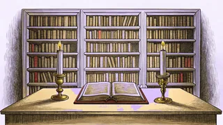 A library study room shows tall bookshelves surrounding a candlelit reading desk.