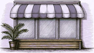 A bookshop window with a striped awning rises above a wooden bench and a potted fern.