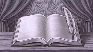 An open book displays blank pages beside a feathered quill pen on aged oak.