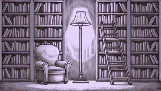 A tall reading lamp arches above an armchair beside a wooden ladder on a library floor.