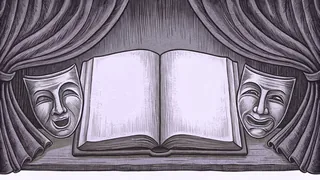 Two theater masks flank an open book with blank pages on a wooden desk.