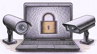 A laptop glows in a dark room beside a mounted security camera and a padlock.