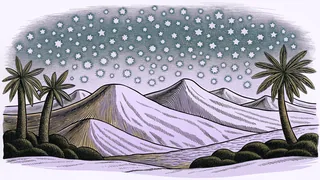 A scattering of bright stars glows above a quiet desert dune at night.