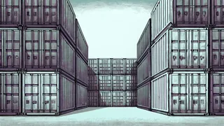 Cargo containers and logistics equipment at a busy international shipping terminal.