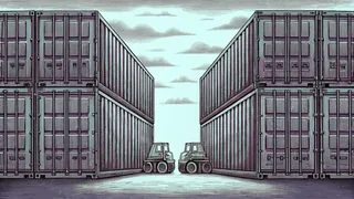 Industrial warehouse scene with stacked shipping containers and heavy equipment.
