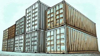 Rows of shipping containers stacked near a modern warehouse facility in daytime.