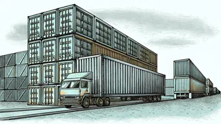 Busy cargo terminal with shipping containers and delivery trucks in active operation.