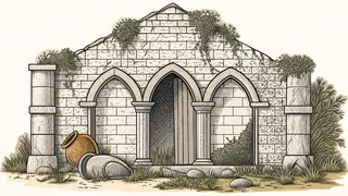 An ancient stone ruin overgrown with vines stands beside a cracked clay urn half buried in earth.