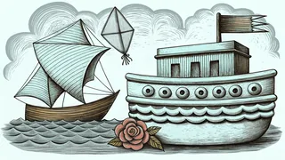 A toy boat and a kite float beside a frosted cake and a single rose.