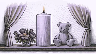A lit pillar candle, a small bouquet of flowers in a glass and a teddy bear sit in a row on a wooden shelf between two tied-back curtains.