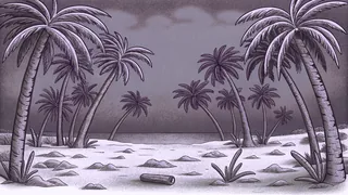 A palm-fringed beach holds scattered driftwood across pale sand under a gray sky.