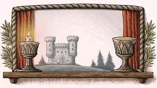 A medieval castle silhouette stands beside glowing candlelight and an ornamental goblet.