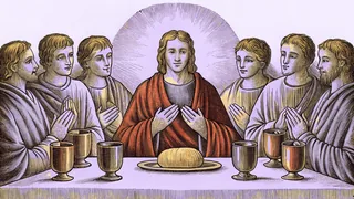 Bread and wine on a table with figures sharing a meal by candlelight