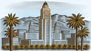 Palm trees and historic buildings dominate a sprawling Los Angeles cityscape.