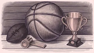 A leather basketball sits beside a whistle and championship trophy on a court.