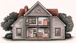 A cutaway view of a house revealing multiple rooms from kitchen to bedrooms to garden.