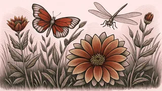 Garden insects including butterflies, dragonflies, and ants among flowers and plants.